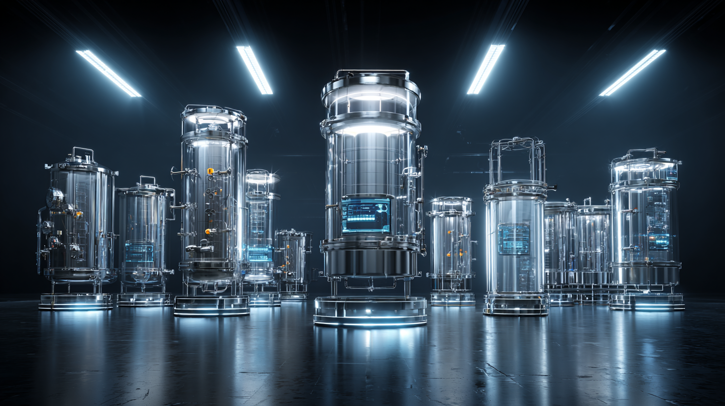 A futuristic scene with multiple transparent glass-like scientific containers or reactors illuminated by blue and white lights in a dark room.