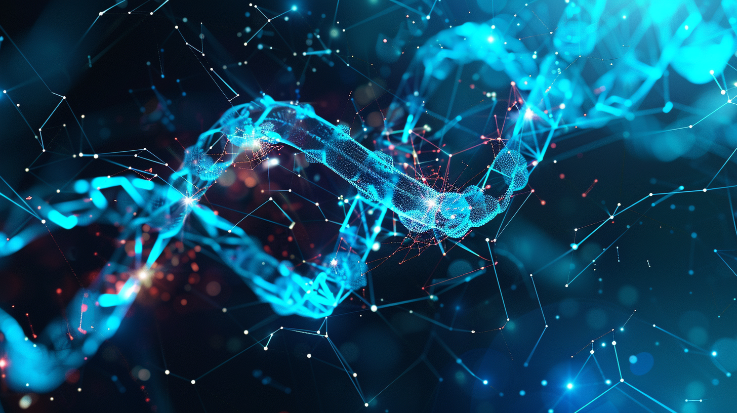 Digital illustration of a DNA double helix structure made of glowing blue particles and interconnected lines, representing genetics or molecular biology.