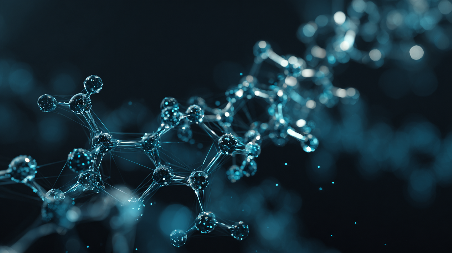 Close-up of a digital, blue, molecular structure with connected spheres and lines, representing a scientific or technological concept.