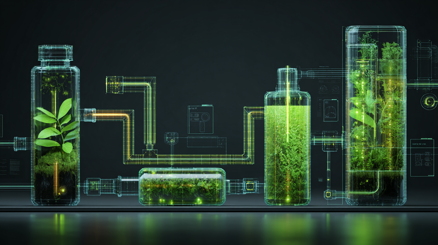 A digital illustration of a futuristic hydroponic plant growing system with transparent containers and tubing, filled with green plants and glowing lights.