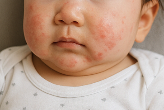 Hives (urticaria) (Mild–Moderate)
Raised, red or pale itchy welts on the skin that can appear suddenly and may move around the body