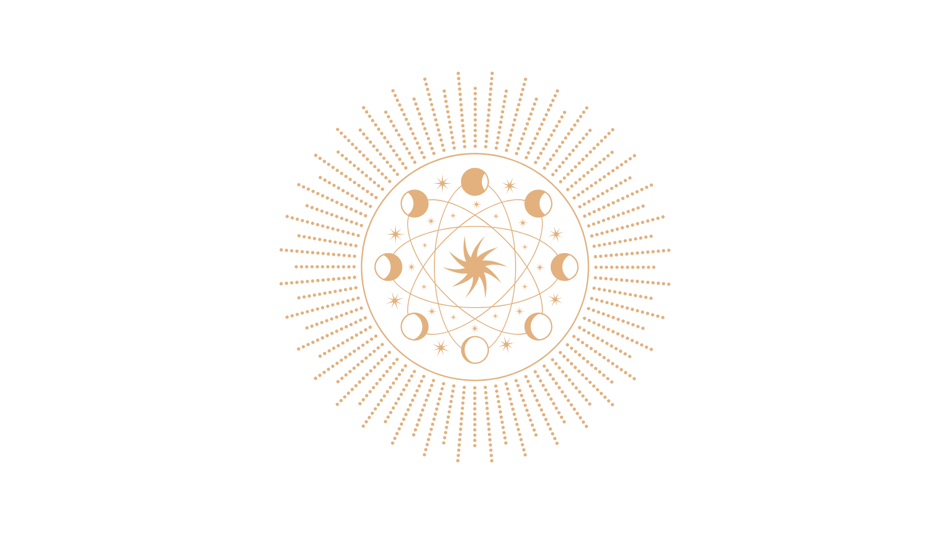 A black background with a golden mystical geometric symbol at the center, surrounded by radiating dotted lines.