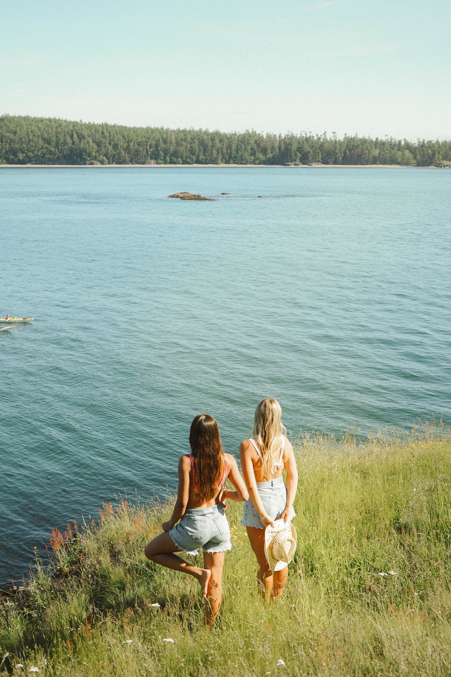 Two young women sitting on a grassy shoreline, looking at a lake with a forested island in the distance on a clear, sunny day.