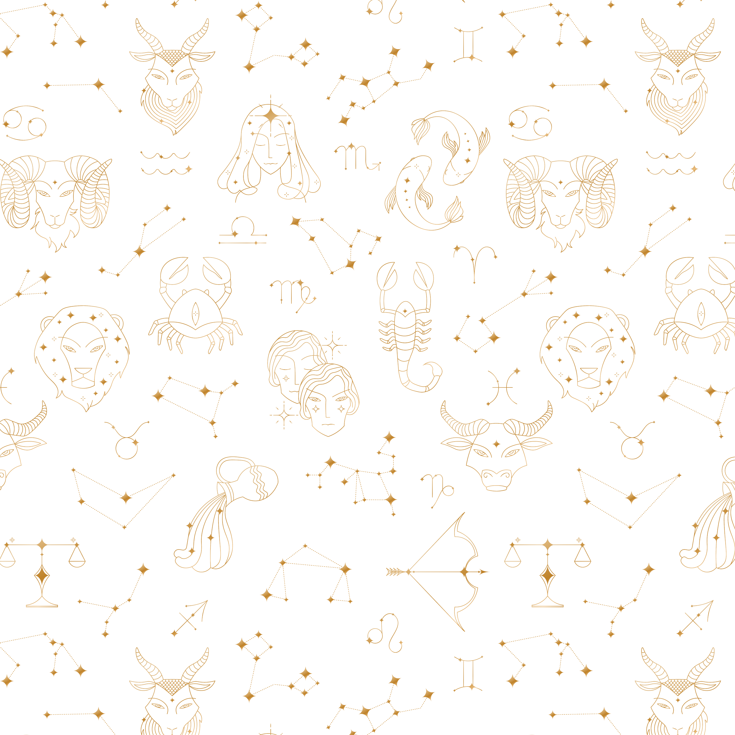 A seamless pattern featuring gold outlines of zodiac signs, including lions, weighing scales, and scorpions, on a black background.