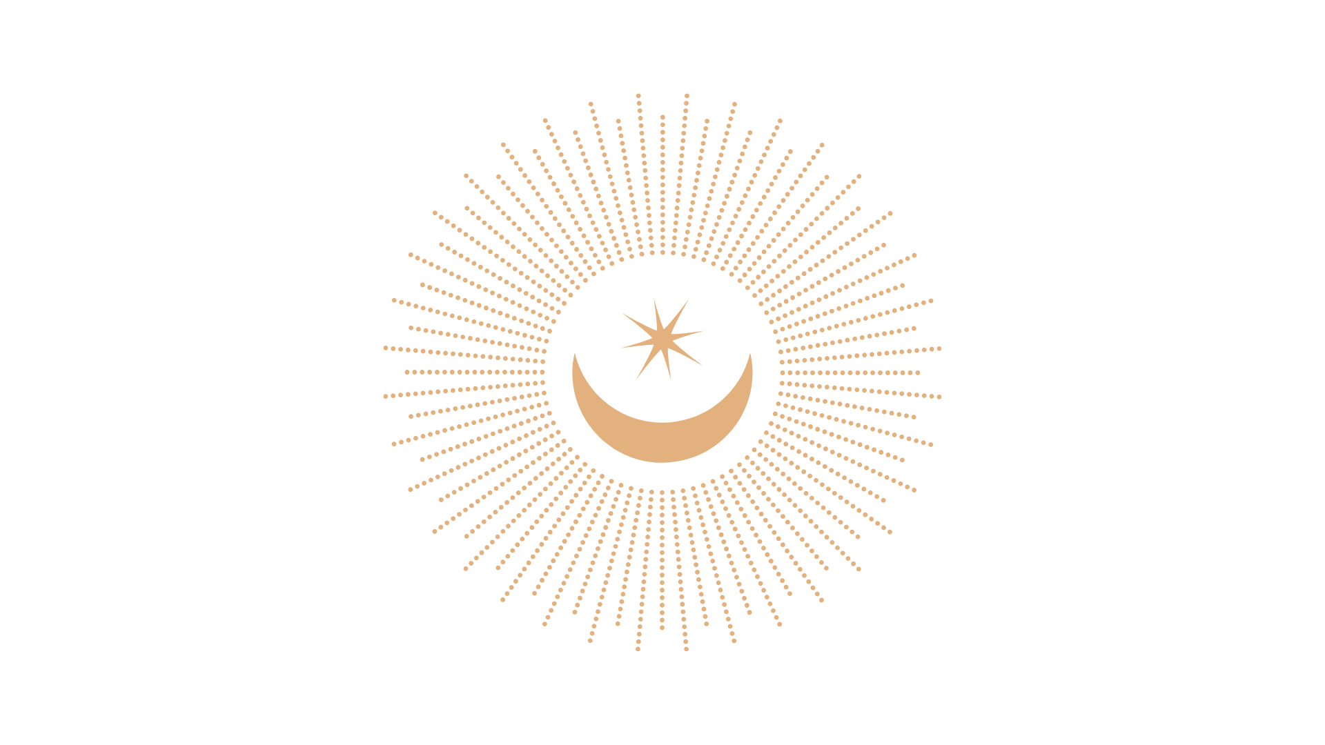 Black background with a gold crescent moon, star, and sun rays design.