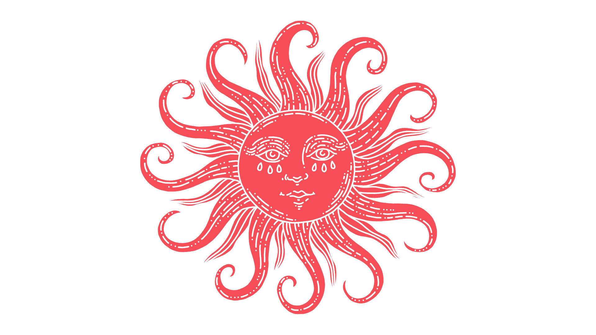 A stylized illustration of a red sun with a face, featuring tears and a serene expression, set against a black background.
