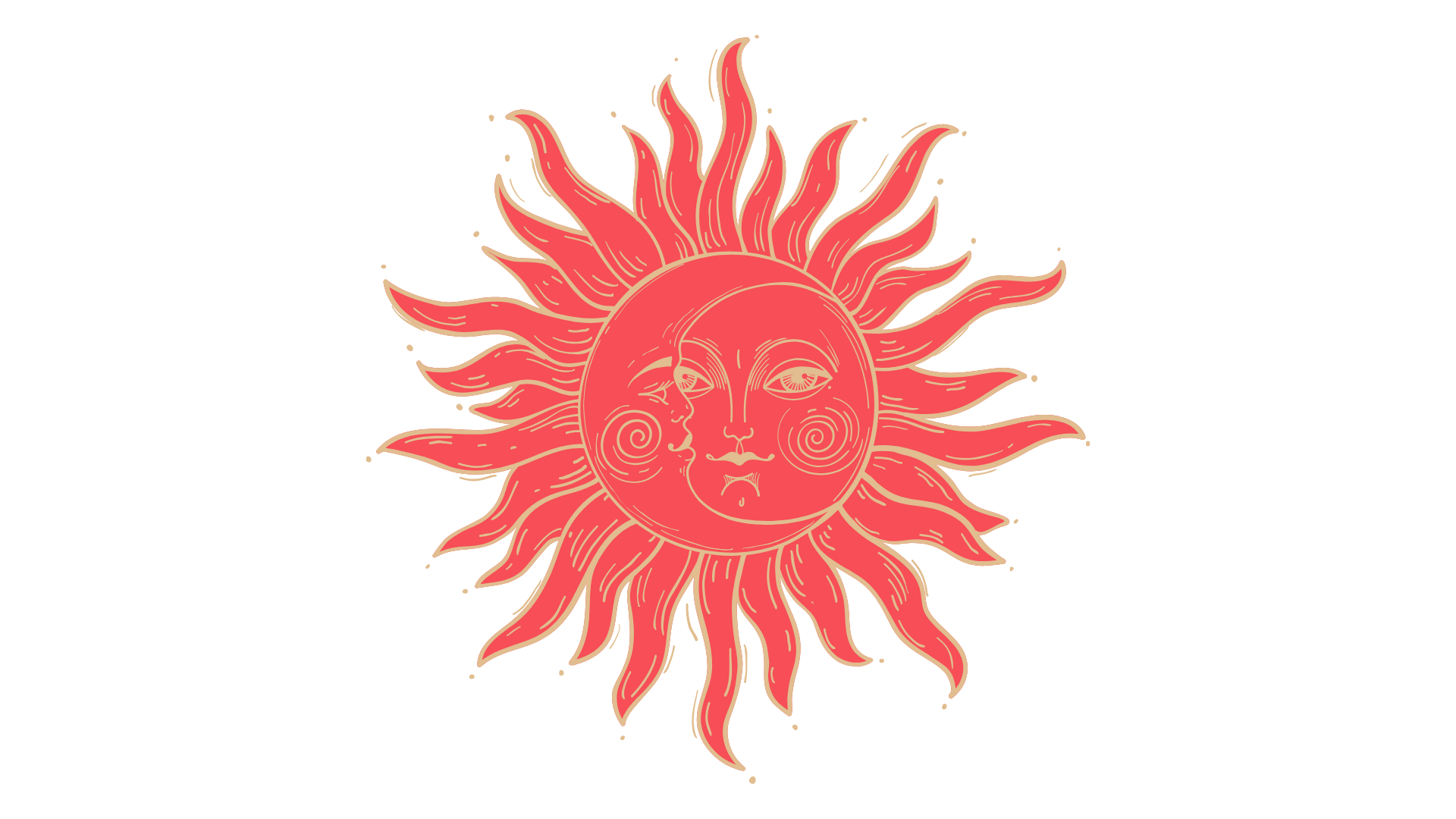 Illustration of a stylized sun with a face, featuring swirling cheeks and a serene expression, set against a black background.
