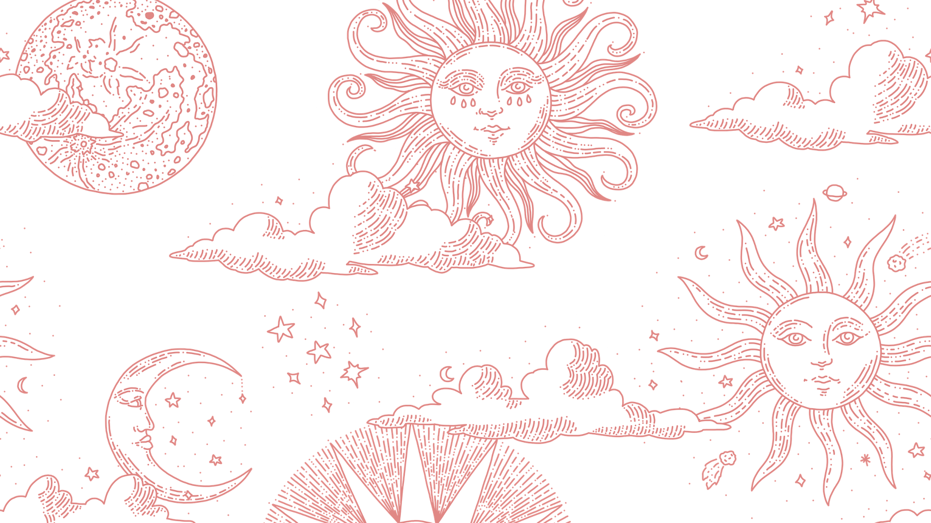 Illustration of the sun, moon, stars, and planets against a black background, with whimsical and detailed line art style in pink and white.