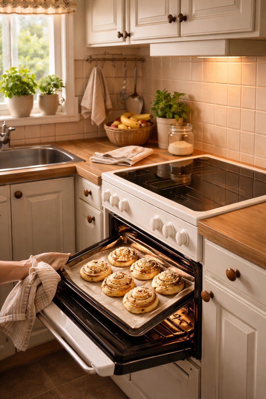 Cookies baking in an oven in a cozy kitchen with cream cabinets, wooden countertops, potted plants, and a basket of bananas on the counter.