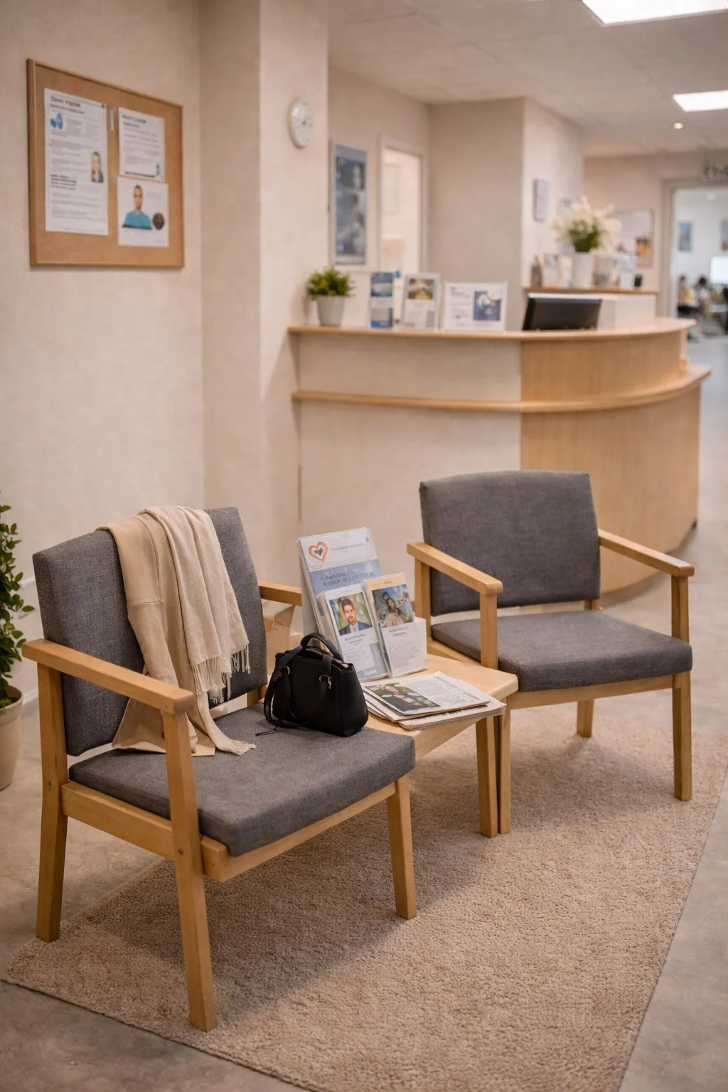 Waiting area with two gray upholstered chairs, beige throw blanket on one chair, black handbag, magazines, and informational brochures on a small wooden table, with a reception desk and wall decor in the background.
