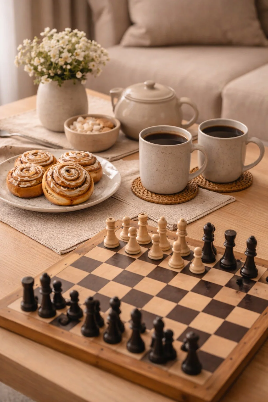 A cozy scene with a chessboard, two cups of coffee, a plate of cinnamon rolls, a teapot, a bowl of cookies, a vase of white flowers, and a sofa in the background.