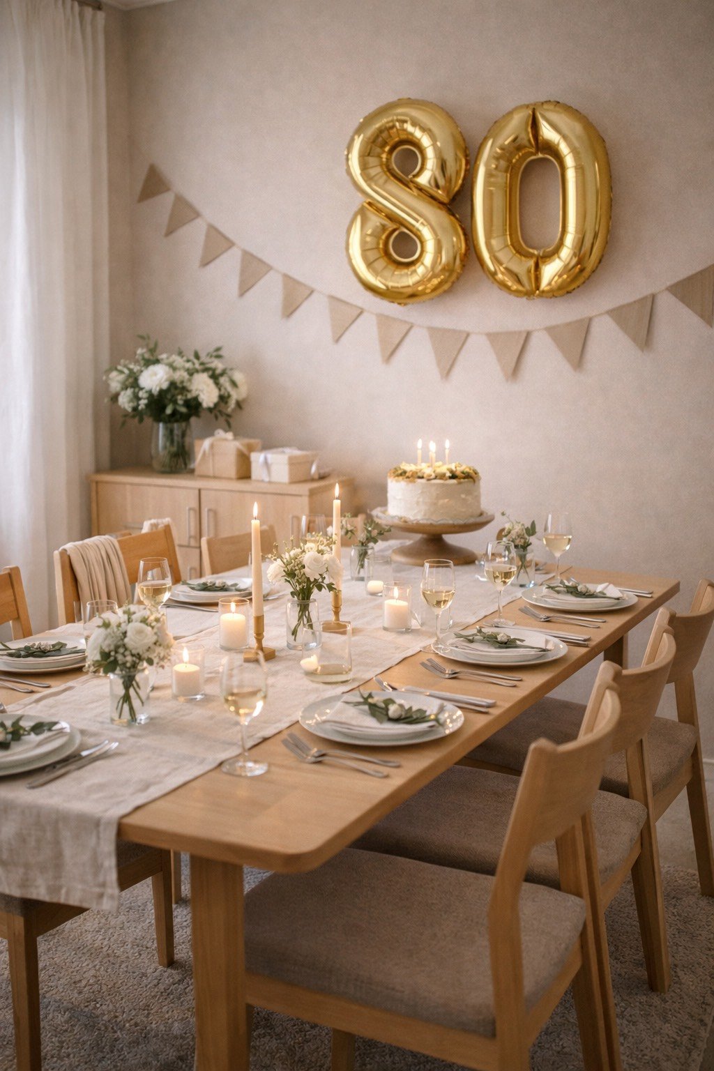 A festive dining setup with a wooden table decorated with candles, white flowers, and wine glasses. On the wall, large gold balloons spell out 80, and a banner of beige triangles hangs above. A cake with lit candles is centered behind the table.