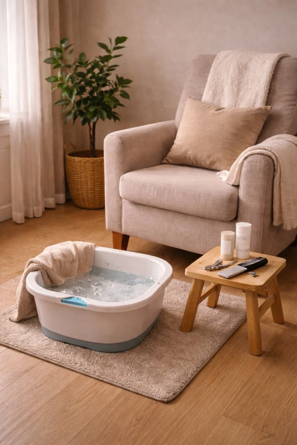 Cozy living room scene with an armchair, beige pillows, a blanket, a potted plant, a small wooden table with skincare products and a remote control, and a mini bathtub filled with water on a rug.