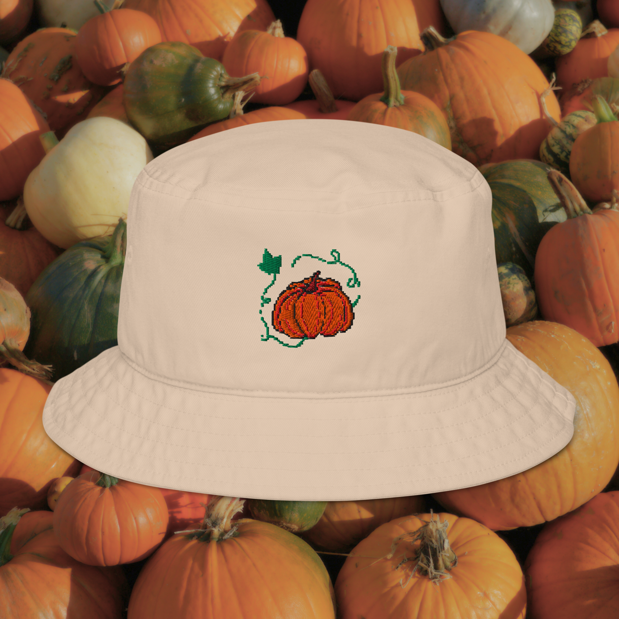 Pixel Pumpkin organic bucket hat
