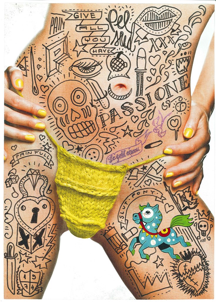 A person's lower torso and upper thighs with various doodles and drawings on the skin, including a painted yellow underwear, sketches of a skull, a film clapperboard, a diamond, a clock, and a colorful cartoon horse, along with words and symbols like