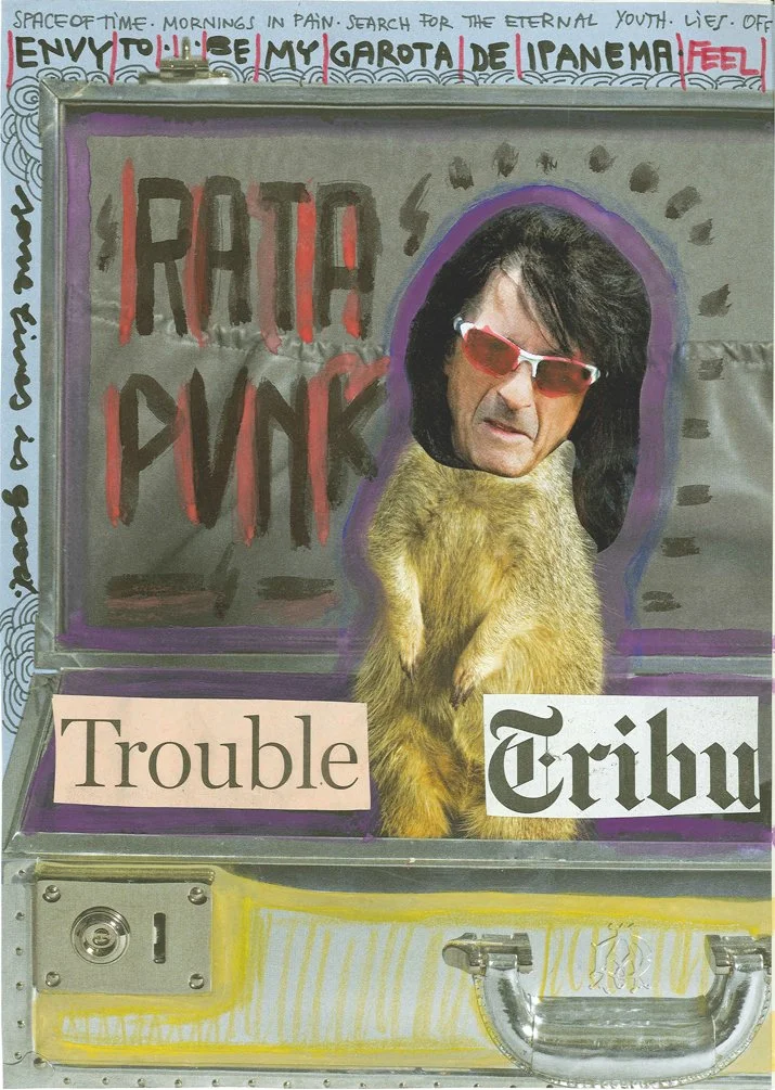A collage of cutouts and drawings on a metallic surface features a person with long dark hair and red sunglasses with a cat's body, with words like 'RATA', 'PINK', 'Trouble', and 'Tribune'. The top has handwritten text mentioning 'Space of time' and 
