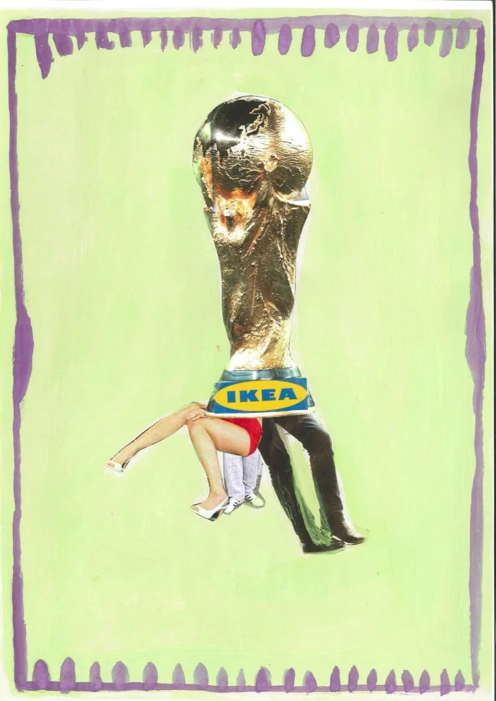 A collage featuring a soccer trophy with a woman's legs and torso attached to its base. The background is green with purple border accents, and the trophy has a blue and yellow IKEA logo at its base.