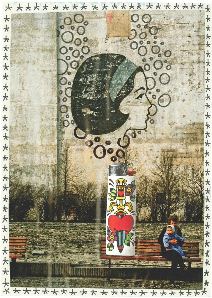 A large mural of a woman's profile with bubbles surrounding her head, painted on a brick wall. In front of the mural, there is a colorful, cartoon-style street art piece resembling a traditional tattoo design with a heart, flowers, and decorative ele