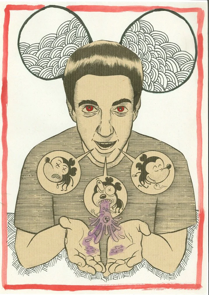 A man with short hair and red eyes holding his hands out, showing a purple creature in his hands. Behind his head are two large circles with stylized cloud patterns, and three smaller circles around his chest showing cartoonish faces with exaggerated