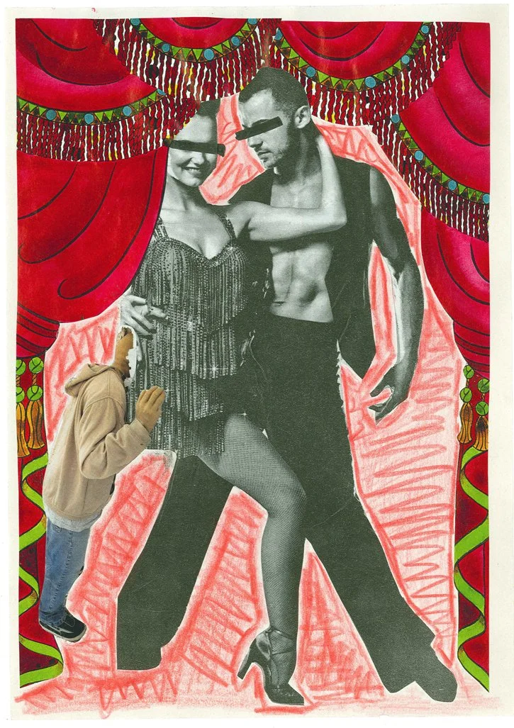 Child with a beige hoodie and jeans appears to be sniffing or smelling a large black-and-white poster of a man and woman wearing dramatic clothing, with the child's face obscured.