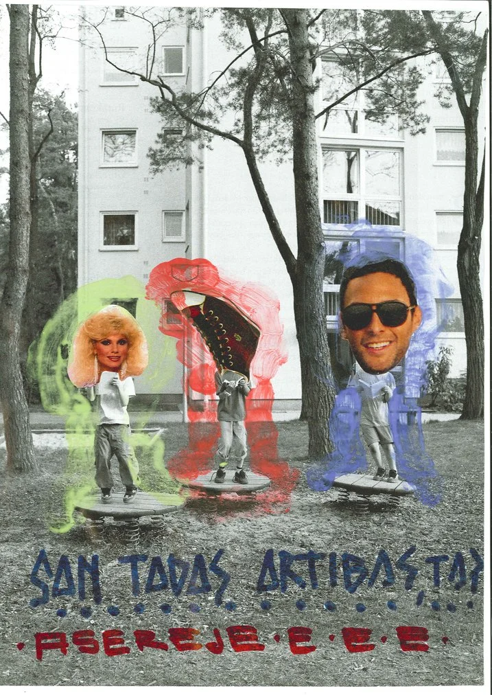 A photo collage with three people skateboarding outdoors, each person with a large, colorful, edited head: one woman with blonde hair, a person with a large black shoe as a head, and a man with sunglasses and short dark hair. The background is a blac
