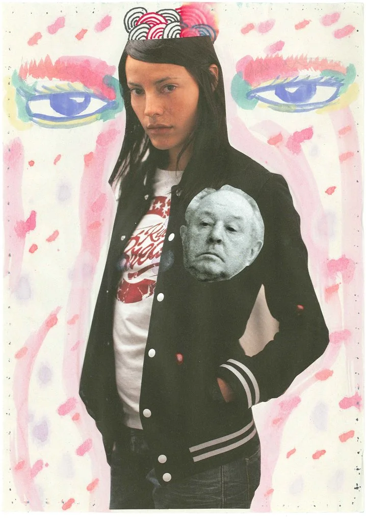 A young woman with long dark hair wearing a black jacket with white stripes on the cuffs and collar, and a white T-shirt with red text. She has a circular cutout of a man's face on her chest. The background features a colorful, abstract drawing of a 