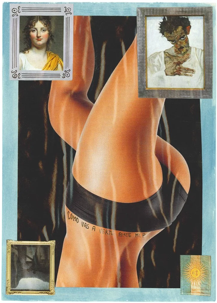 Collage featuring a person's back with large breasts, two framed portrait paintings, a black and white landscape photo, and a patterned card with a sun design. Text in Spanish on the person's underwear reads, 'Como vas a verte ante mí?'