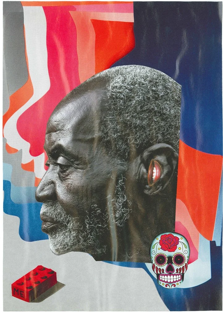 A collage-style artwork featuring a black and white photographic profile of an elderly man with gray hair and beard. Surrounding his head are colorful abstract shapes in red, orange, blue, and pink. There is a decorative sugar skull with a red rose a