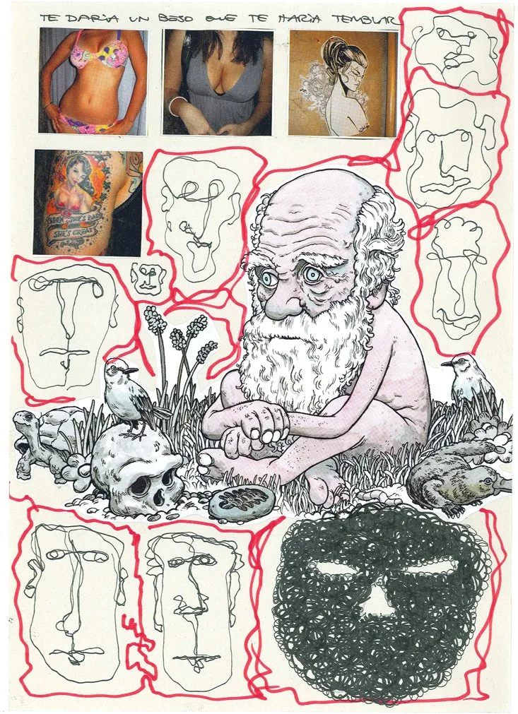 An illustration of an old man with a beard, sitting cross-legged outdoors among grass, animals, and skulls, surrounded by several abstract, line-drawn faces. The background contains six photographs of women and some abstract drawings with red outline