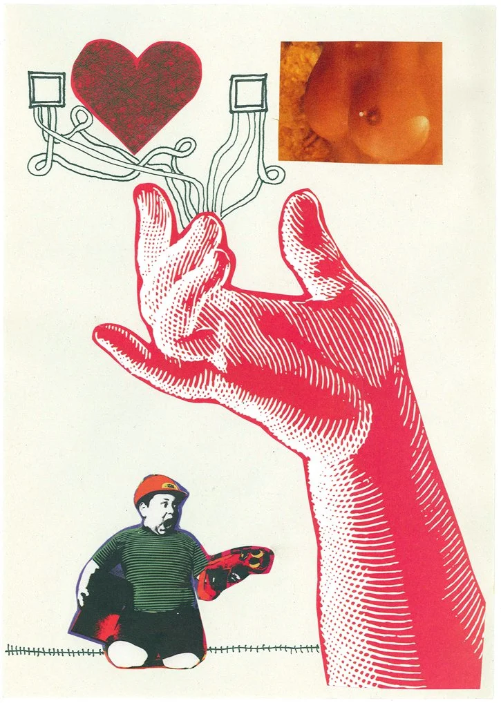 An illustration of a large, red, textured hand with the index finger pointing up, as if pinching a small photo of a dog. The small photo in the top right shows a dog's head with a nose and eyes. To the lower left, there's a cartoon character with a b