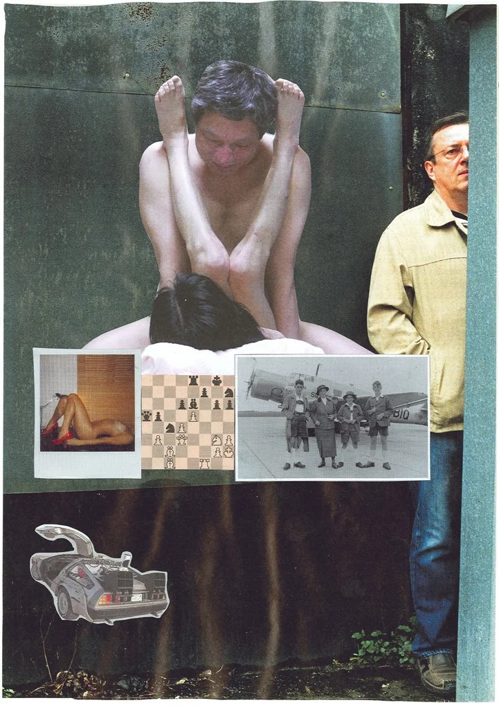A collage of various images including a large photo of a shirtless man with a woman on top of him, two smaller photos of a woman lying on her stomach and a chess game, a black and white photo of four women standing in front of an airplane, and a cuto