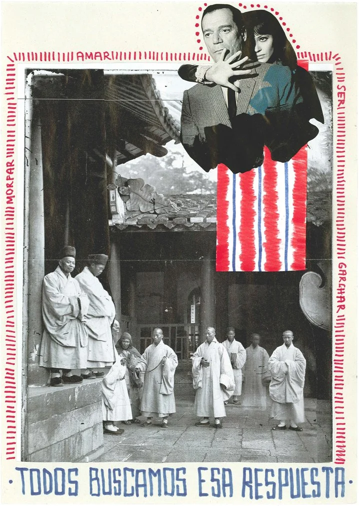 Black and white photograph of a group of monks in traditional robes standing outside a building, with some on stairs and others on the ground. Above them, there are two faces collage-style, one man and one woman, with their hands touching. Sketches a