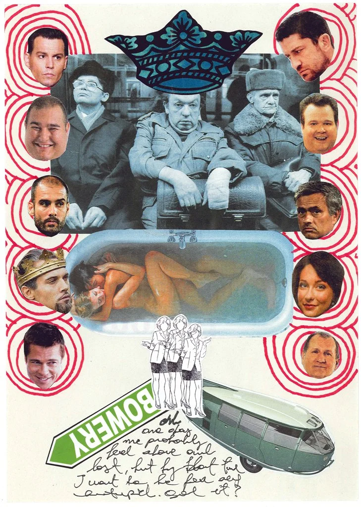 A collage of various faces around a bathtub with a nude woman inside, lying on her side. A small illustration of three women in business attire is at the bottom, with the word 'POWERLY' in green, and a gray vehicle below it. Handwritten text is also 