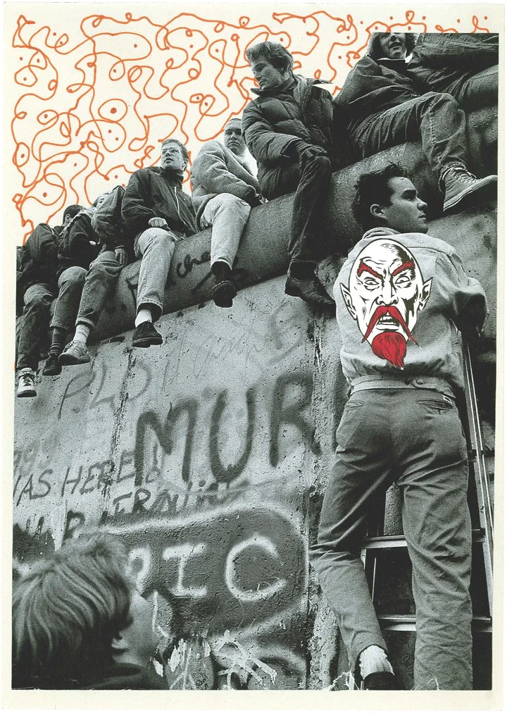 A black and white photo of a group of young people climbing and sitting on the top of the Berlin Wall, with graffiti on it. One person has a cartoon mask of a mythical creature with pointed ears and a long red beard digitally added over their face. O