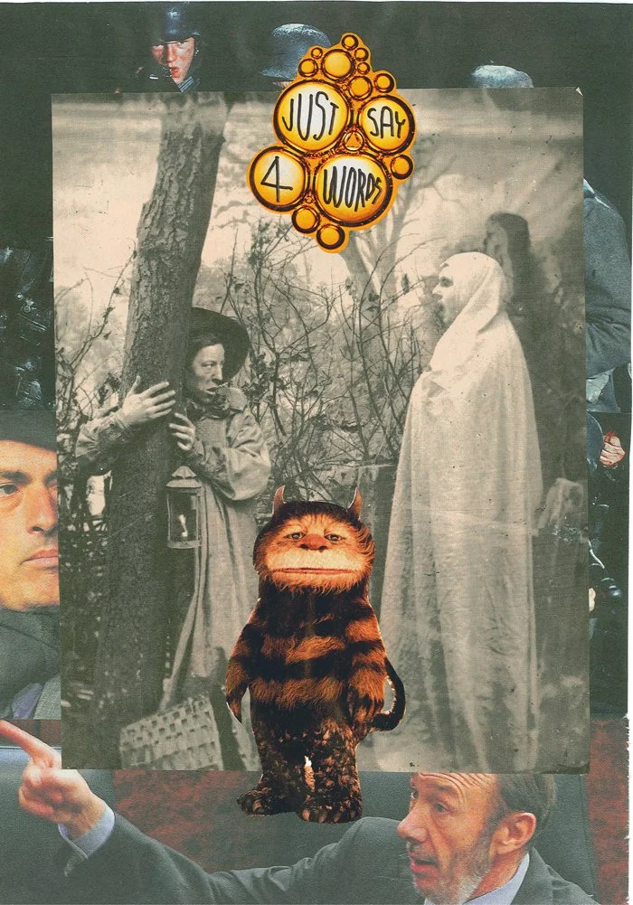 A black-and-white photograph depicts a woman wearing a dress and headscarf standing outdoors near a tree with bare branches, holding a lantern and touching the tree. A person in a costume resembling a cat-like creature with a human face stands in fro