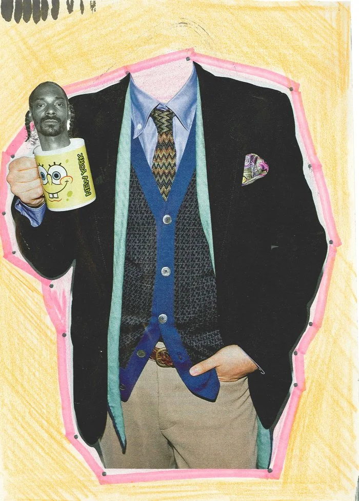 A collage combining a man holding a SpongeBob SquarePants mug with a suit, patterned tie, vest, and beige pants, with a cutout outline around his upper body against a yellow background.