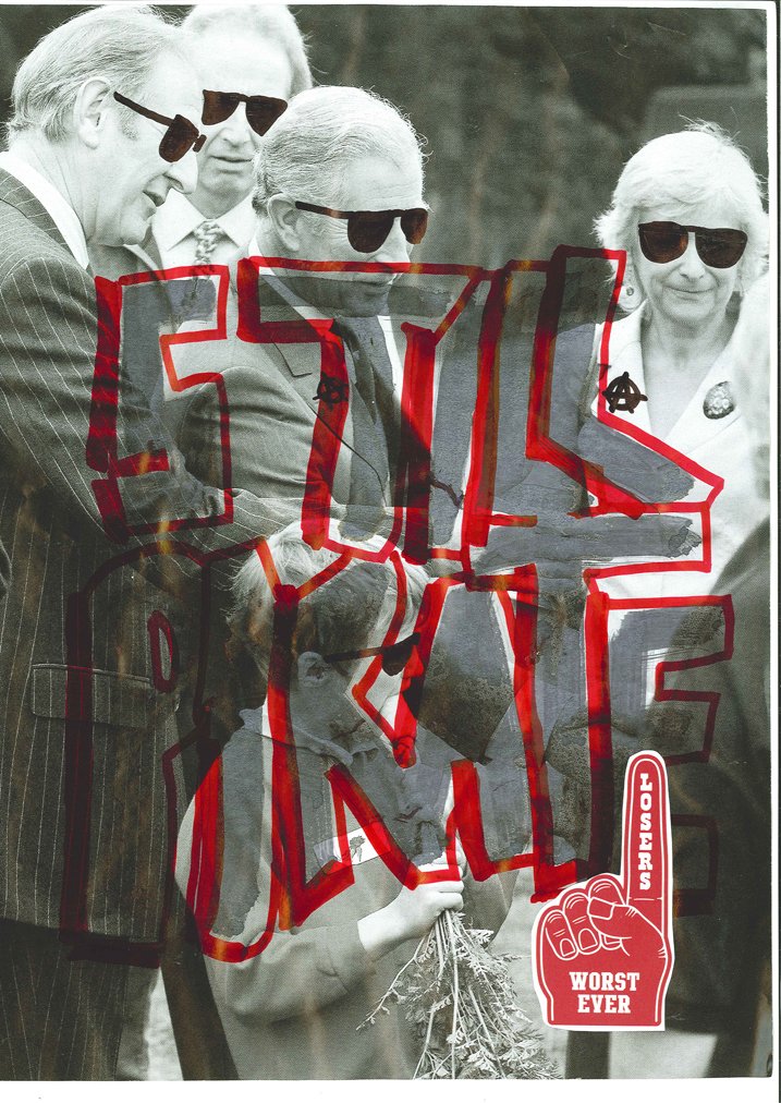 A black-and-white photograph of five adults and a child, all wearing sunglasses, with a large overlaid red and white graphic that reads "GOLF JUNK" and a red foam finger that says "WORST EVER."