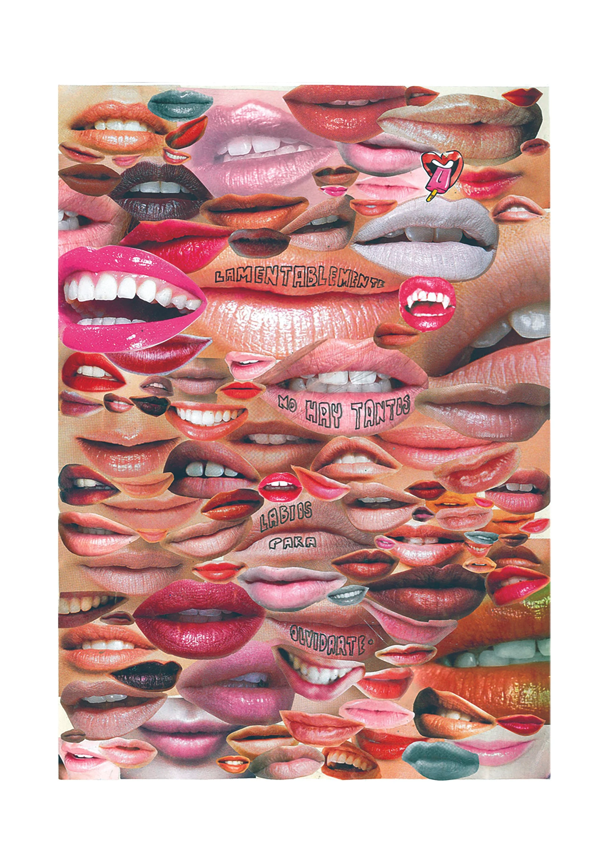 Collage of various lips in different colors and styles with Spanish words and phrases written among them.