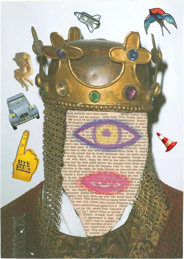 A collage featuring a golden crown with colorful gems, a red and white striped cone, a vintage car, a fish, a plane, a butterfly, a yellow foam finger, and a rainbow painted on a background of printed text.