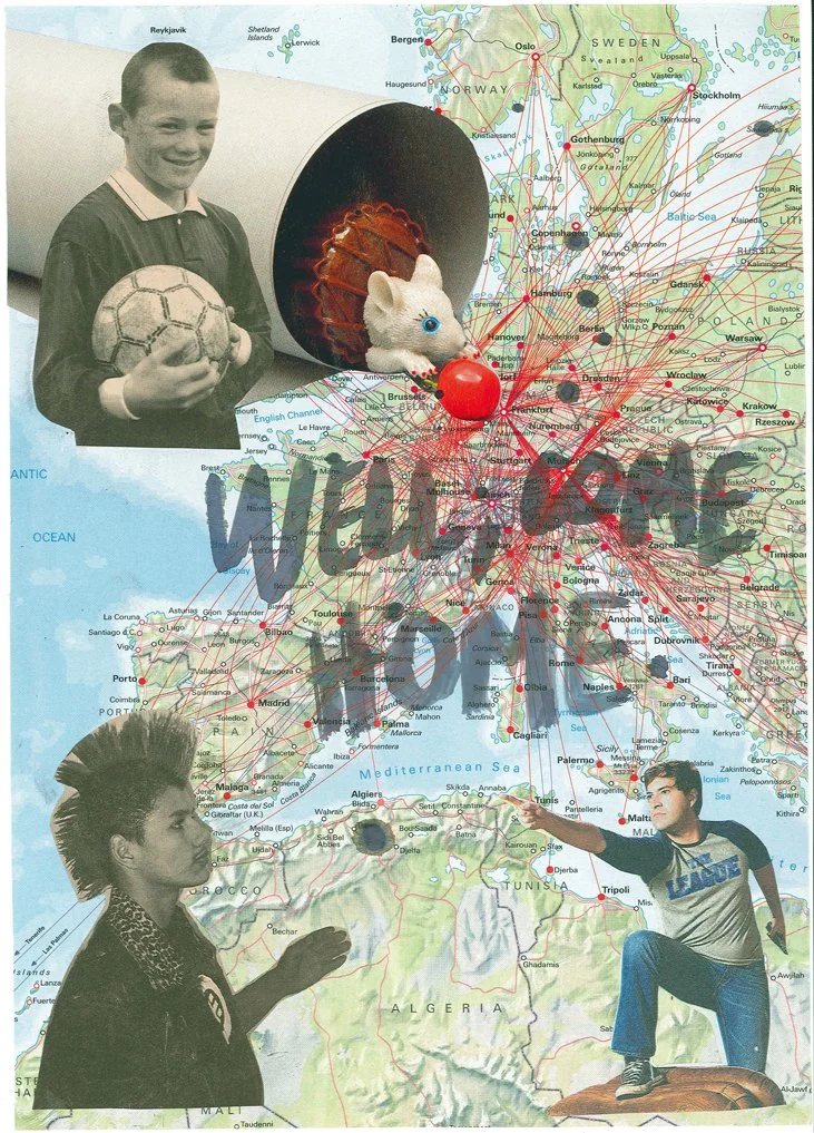 A collage features a map of Europe with red lines connecting various cities. Three children are superimposed on the map: a smiling boy holding a soccer ball and a plush toy with a red nose emerging from a cardboard tube, a girl with a mohawk hairstyl