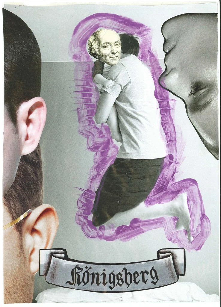 A collage artwork featuring a person hugging a child whose face is replaced with a historical portrait, surrounded by large images of faces and a purple brushstroke background, with the word 'Königsberg' written on a banner at the bottom.