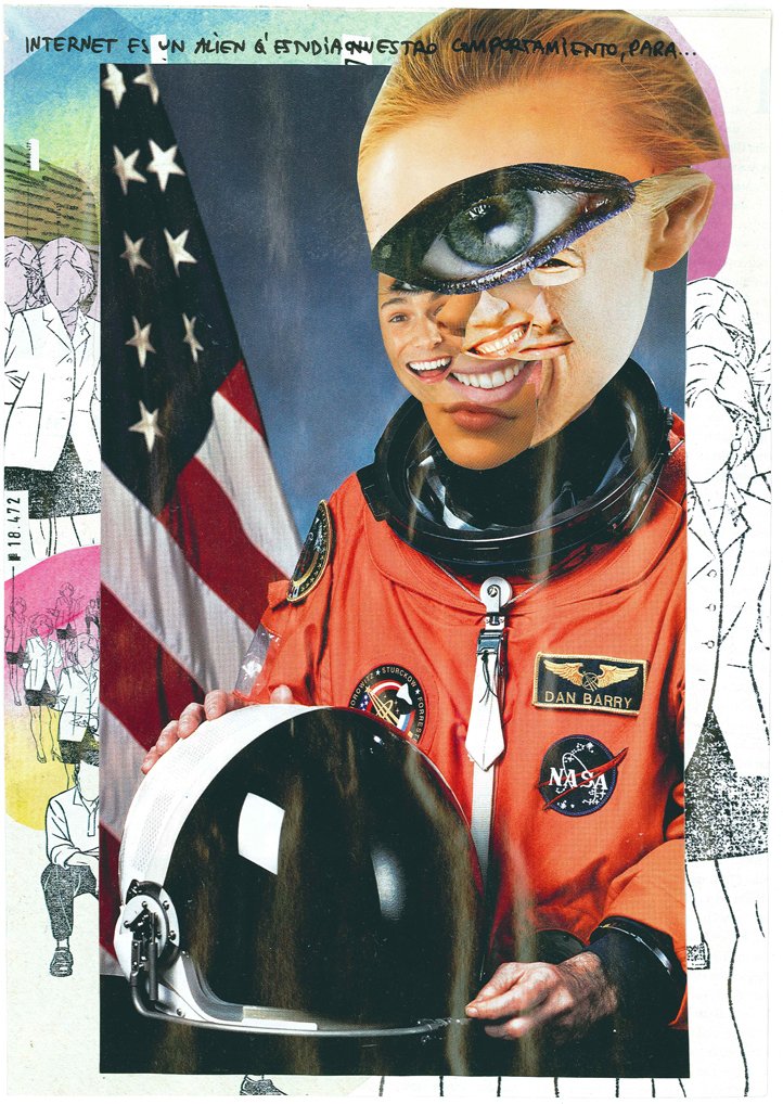 A collage-style photo featuring a female astronaut in an orange NASA suit, holding a visor helmet, with a cut-out eye image over her face. The background includes an American flag and handwritten text in Spanish that mentions internet and alien behav