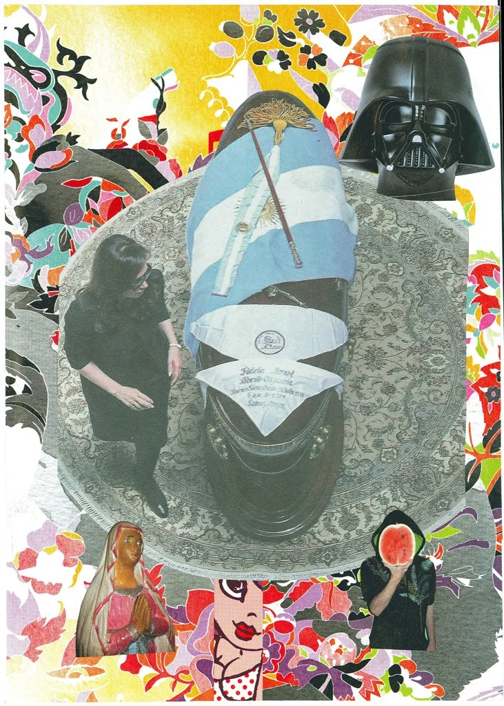 A collage featuring a person standing next to a car draped with a flag, a Darth Vader helmet, a religious statue, a woman eating a watermelon, and a illustrated woman's face, all on a colorful patterned background.