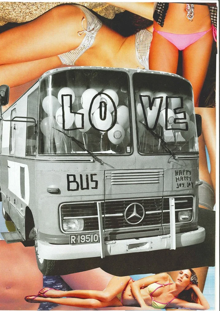 A collage featuring a black and white photo of a Mercedes-Benz bus decorated with balloons and 'LOVE' spelled out with balloons on its windshield, with partially visible women in bikinis around it.