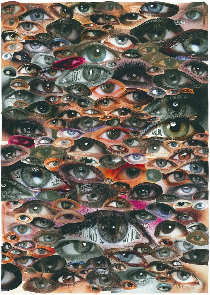 Collage of numerous human eyes with different colors and sizes, some with glasses or makeup, arranged in a layered, overlapping manner.