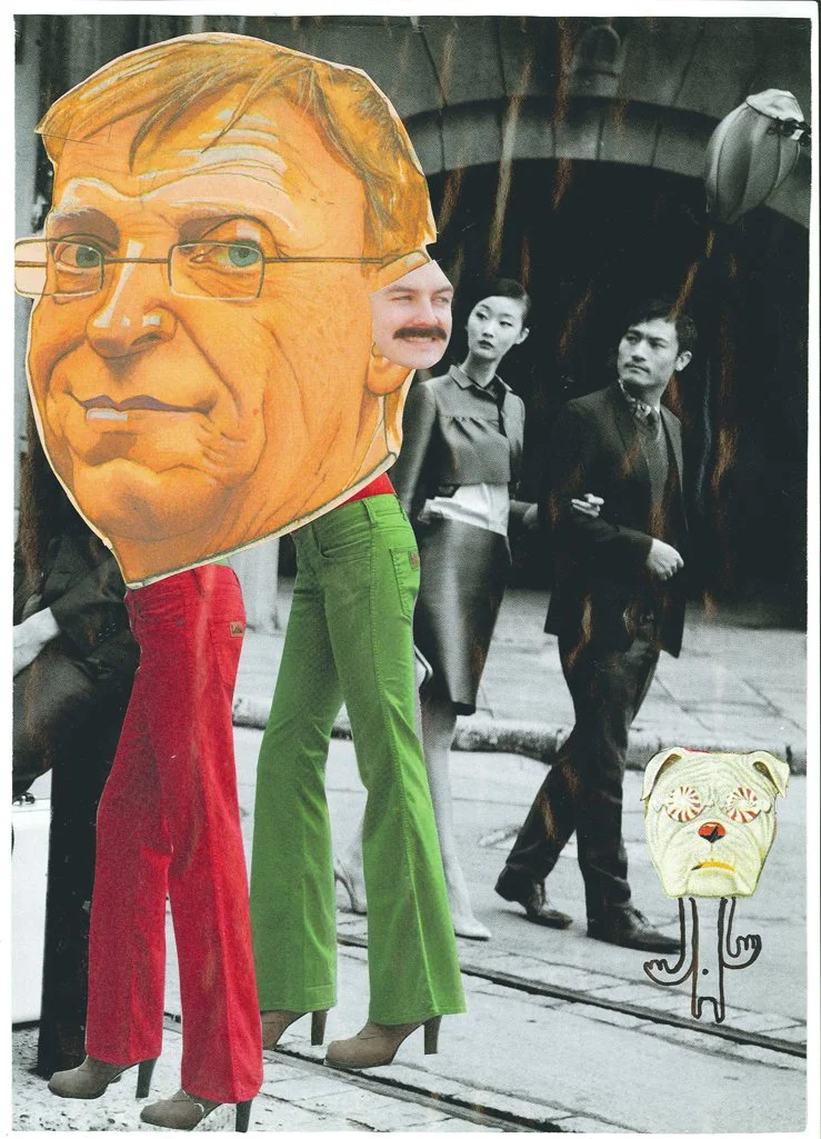 A collage combining black-and-white street scene with three people and a large, cartoonish paper cutout of a person with glasses and orange hair, wearing red and green pants. There is also a small, illustrated dog with a distorted face in the bottom 