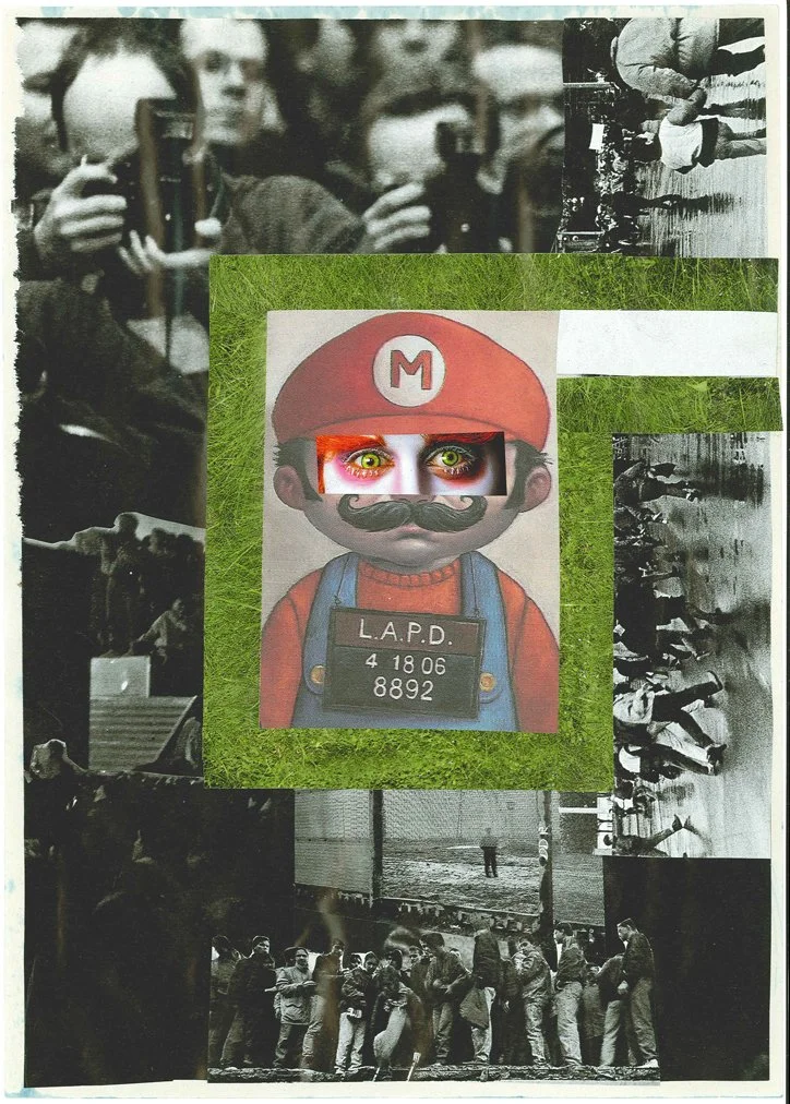Mixed media collage with a central cartoon character resembling Mario with glowing green eyes and a mustache, wearing a police badge with the inscription 'L.A.P.D.' and a date, surrounded by black and white photographs depicting scenes of crowds, pol