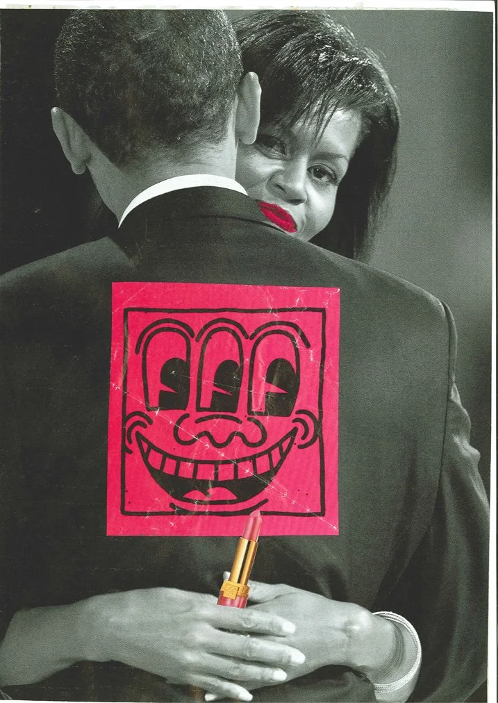 A woman with dark hair and lipstick hugging a man in a black suit from behind, with her face visible over his shoulder. The photo is edited with a pink square featuring a cartoonish smiling face in front of the subjects' bodies and a lipstick placed 