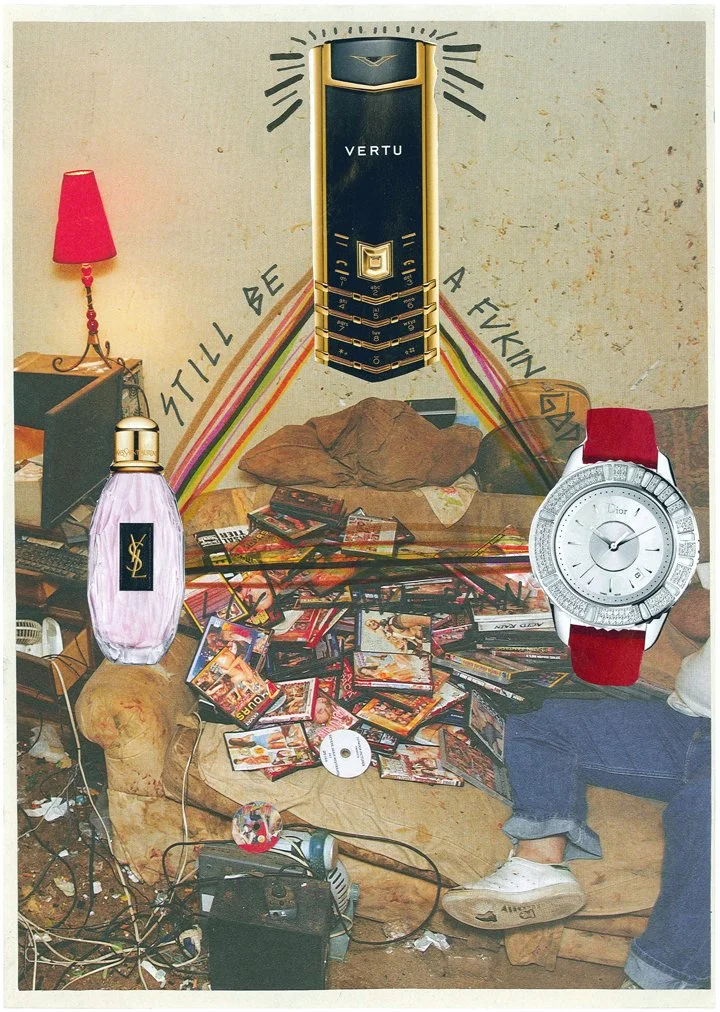 Messy living room with clutter of DVDs or video games on a beige couch and floor, a pink YSL perfume bottle on a wooden coffee table, a person wearing white sneakers and jeans sitting nearby, a large silver and red watch overlay, a Vertu luxury mobil