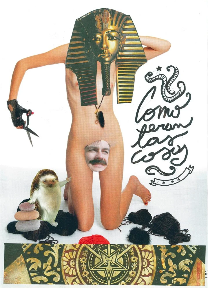 Collage featuring a large cutout of a reclining person with a cat's face on their stomach, wearing a mask of an Egyptian pharaoh's head. The person's arm holds scissors, and there is a stuffed hedgehog balancing on a stack of stones. Handwritten text